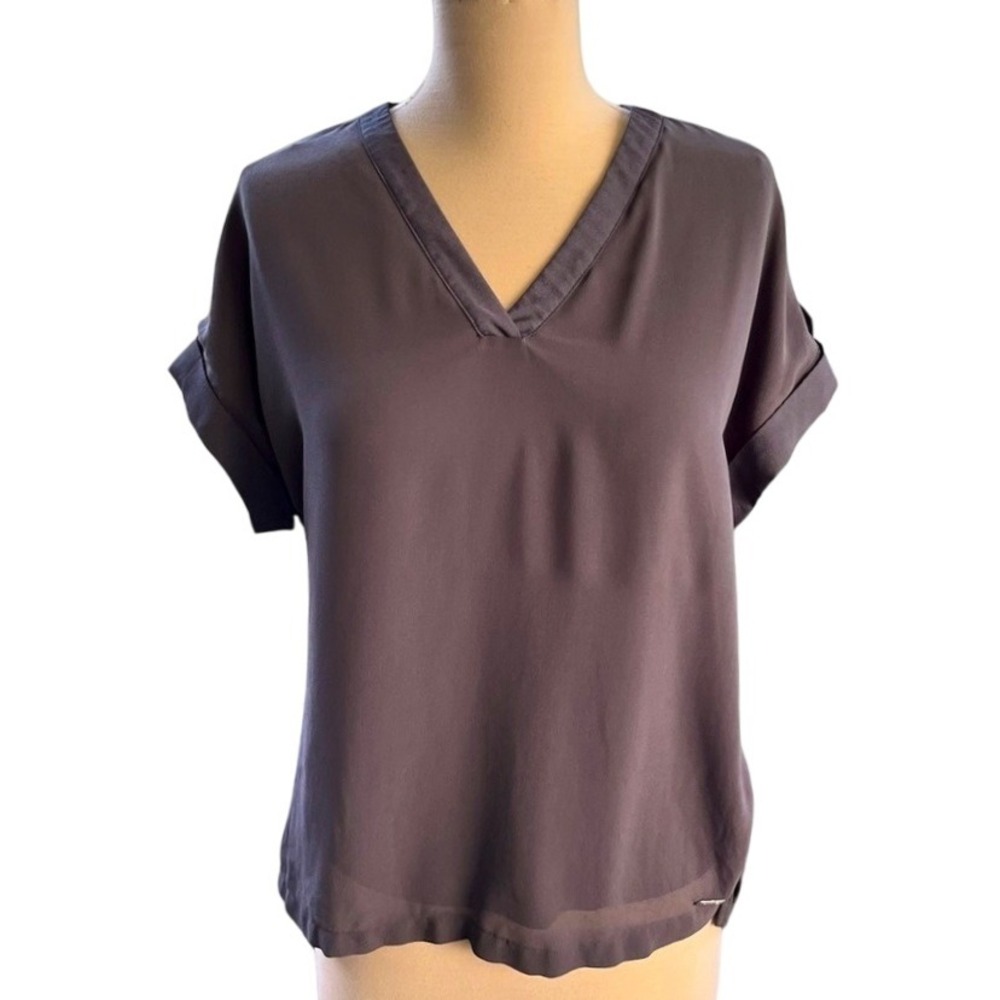 Calvin Klein‎ Steampunk V-Neck Gray Blouse Tab Sleeves Relaxed Fit Casual Top S